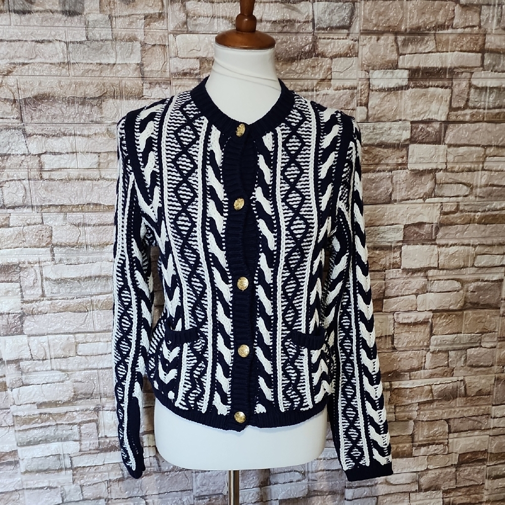 MARTHA STEWART Cable Knit Button Dow Navy and White Patterned Women's Sweater